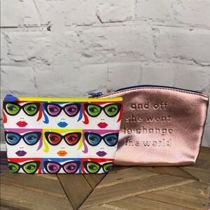 ipsy Set of 2 Clutch Makeup Pouches Pop Art Faces Metallic RoseChange the World